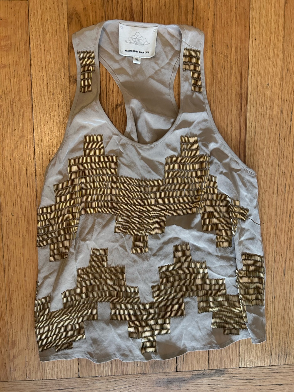 Madison Marcus Cream silk Tank with Gold Beaded Geometric Design